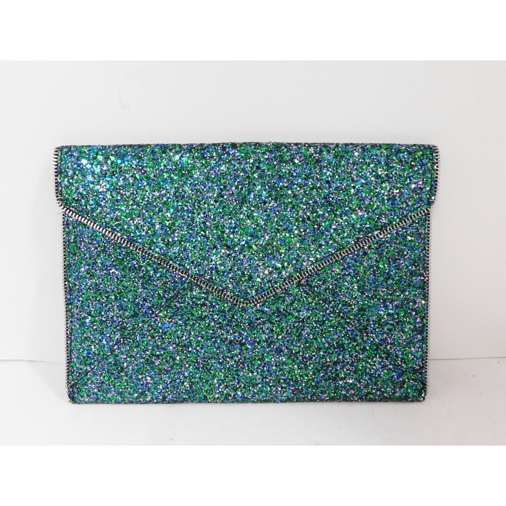 Rebecca Minkoff Leo Crushed Glitter Clutch Envelope Purse Green Blue